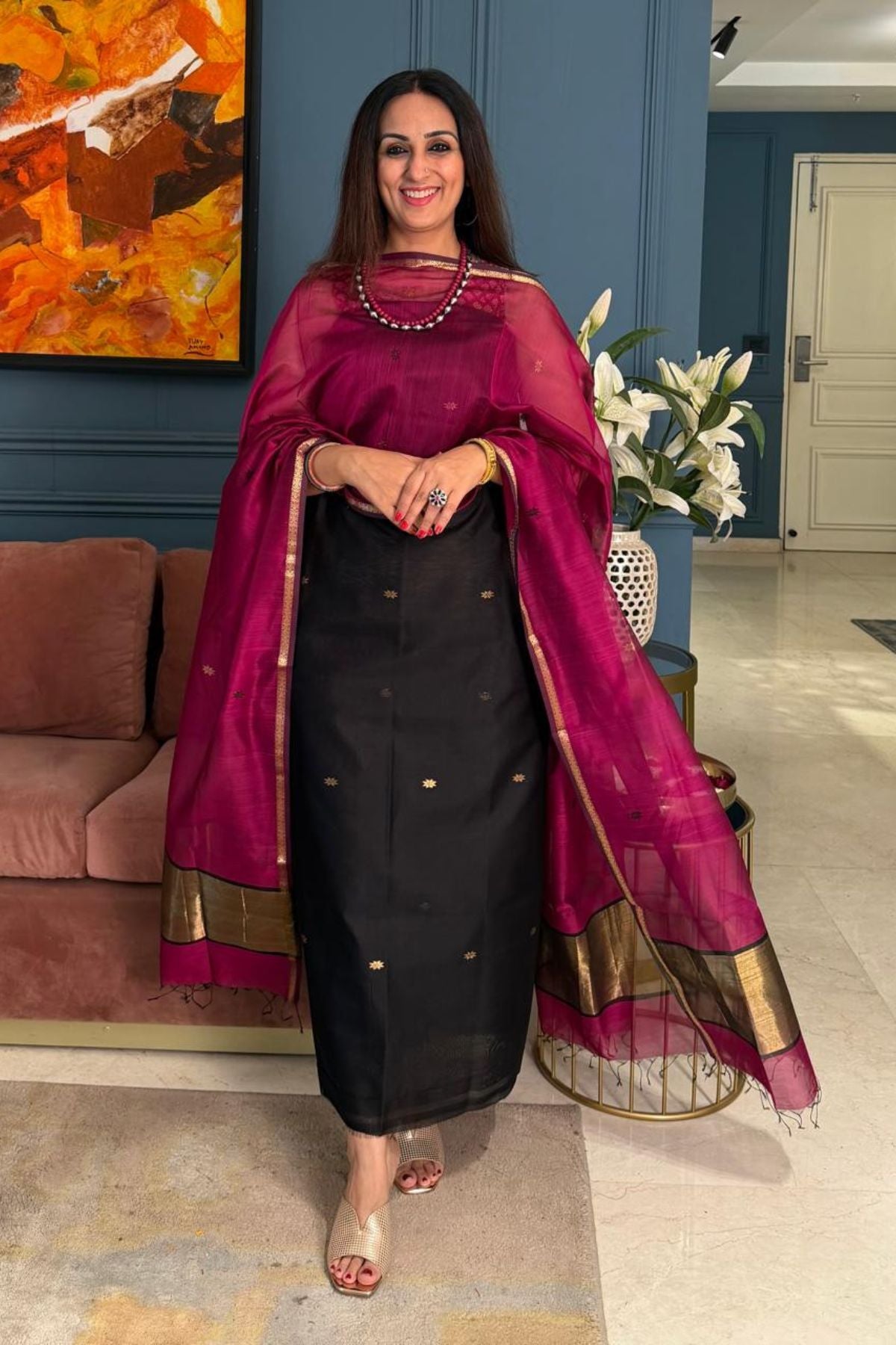 Maheshwari handloom silk by cotton kurta dupatta set